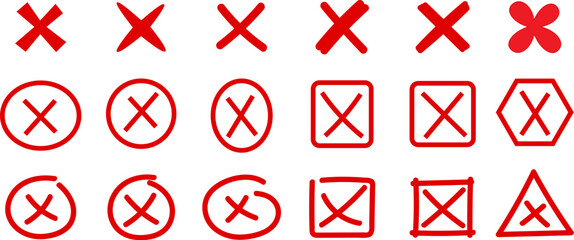 Red cross mark vector icon set collection, circle square hexagon frames for cancel delete close error design
