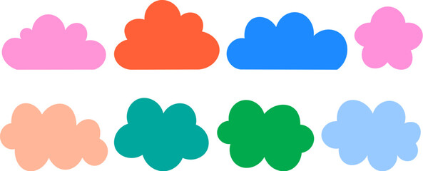 Simple colorful cloud shapes collection vector, flat cartoon cloud icon set