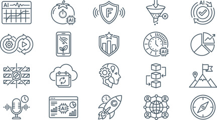 Fototapeta premium Collection of dark outline icons representing artificial intelligence, growth, technology, and business goals.