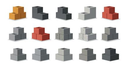 Obraz premium Hollow Concrete Cinder Blocks Icon Set - Isometric Construction Material Stacked Piles in Diverse Colors and Textures