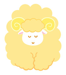 感謝や挨拶に使えるお辞儀した羊のイラスト。ポップでシンプルな動物キャラクター。白背景・黄色。