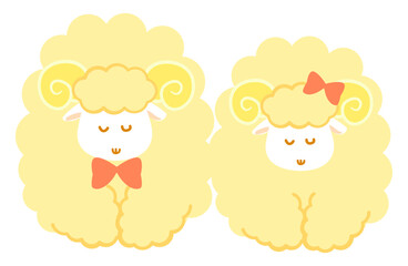 お辞儀をするオスとメスの羊のペアイラスト。仲良く挨拶する可愛い黄色のひつじのコンビ素材