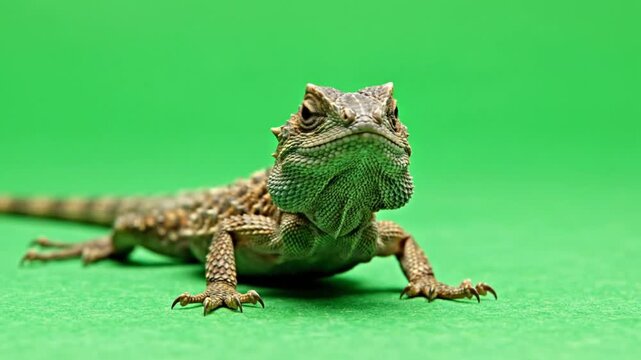 A small, scaly lizard with a spiky head looking directly forward on a vibrant green background.