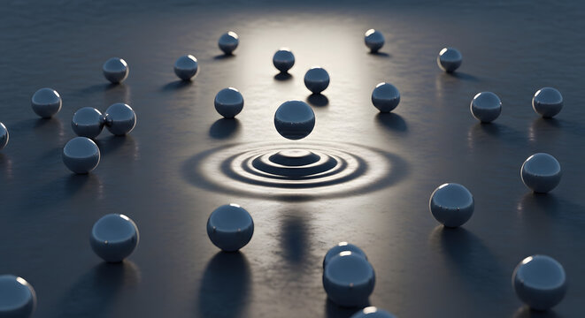 Abstract 3D rendering showcasing a central metallic sphere generating dynamic ripples on a dark, reflective surface, surrounded by numerous other polished orbs, symbolizing impact and influence