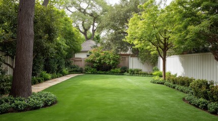 Obraz premium Lush Green Lawn Surrounded by Vibrant Trees and Shrubs in a Serene Backyard Oasis with Soft Pathway and Tranquil Garden Setting