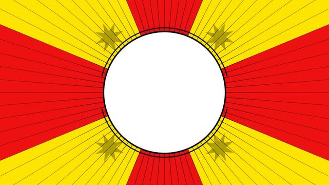 A vibrant flag design featuring red and yellow rays emanating from a central blank circular area