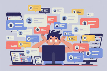 Fototapeta premium Flat design illustration of stressed office worker overwhelmed by multiple AI chat windows and digital notifications