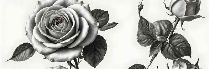 Black and White Rose Flower with Leaves in Artistic Style for Elegant Floral Design