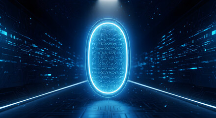 Futuristic blue portal glowing in dark cyberpunk corridor with neon lights