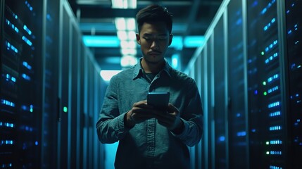 Fototapeta premium admin. A technical professional in casual attire stands against a blurred server room with cool blue lighting accents. product launch decks.