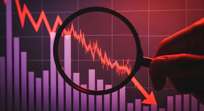 Closeup of hand holding magnifying glass over declining stock market graph