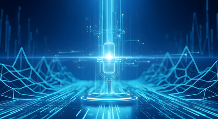 Futuristic microphone with glowing blue neon light effects