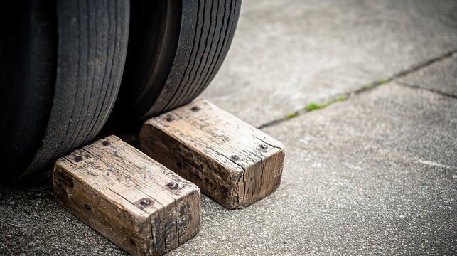 chocks. Weathered wooden wheel chocks wedged against an aircraft tire on tarmac. mobility guides, transit brochures, designed for mobility and urban transit guides, used by supply chain planners.