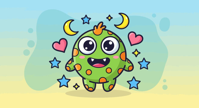 Cute funny cartoon animals including frog, turtle and octopus in a green nature lake scene, smiling amphibian character illustration vector art, playful comic style