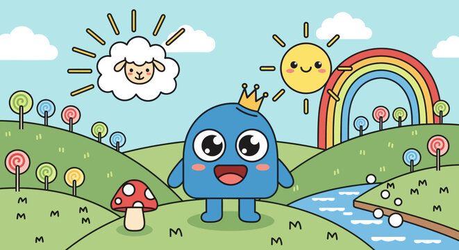 Funny cartoon birds and frog illustration in a playful nature scene with flowers, sky, sun, trees and grass in a cute spring summer easter style for children and animal design