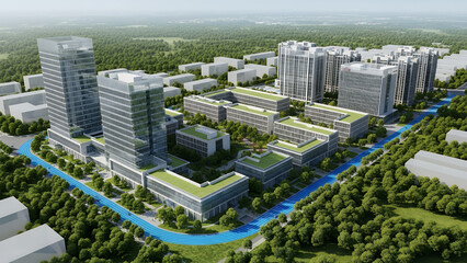 Modern office complex with green roofs in a serene natural setting