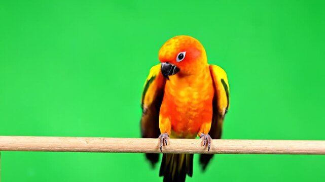 A vibrant orange and yellow sun conure parrot perches calmly on a wooden stick against a bright green background.