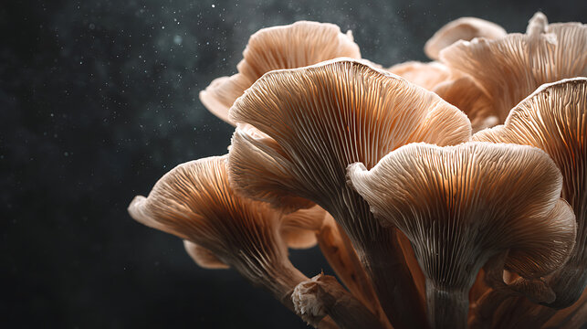 A close-up view of mushrooms with a dark background. The mushrooms have a beige color and a layered texture