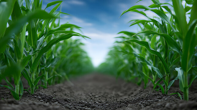 Vibrant green corn stalks in a field stretch toward the horizon under a cloudy sky. The image offers a perspective view down the rows