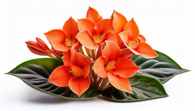 Clivia Flower Isolated On White Background Clustered Orange Blooms Glossy Leaves
