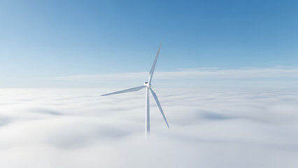 Wind turbine standing tall above clouds on a sunny day