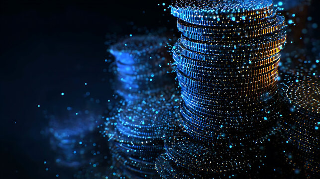 Abstract blue and gold particles in a stack formation, with a dark background. The image evokes a sense of technology and futuristic concepts.