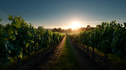 Fototapeta premium Vineyard rows stretching towards a vibrant sunset, evoking a sense of tranquility and abundance