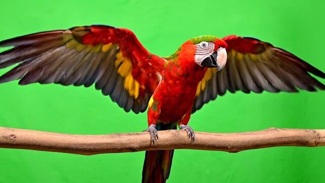 A vibrant red and green macaw parrot with outstretched wings perched on a wooden branch against a bright green screen background.