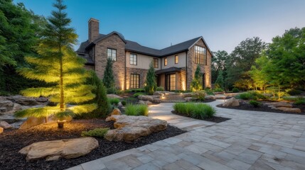 Elegant luxury home exterior illuminated by landscape lighting at dusk showcasing beautiful architecture and nature in a serene residential setting