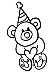 Obraz premium Hand drawn teddy bear wearing party hat outline for colouring book, plush toy, kid doll, souvenir shop, animal, sticker, tattoo, shirt print, card, cartoon character, comic, mascot, Valentine's Day
