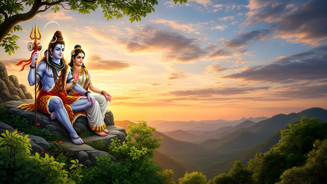 Shiva and Parvati meditating together on mountain peak at sunset