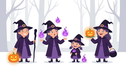 Friendly Cartoon Witches with Magic, Pumpkins & Cauldrons in a Spooky Forest Scene - Halloween Celebration Illustration