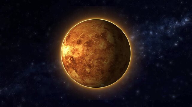 Realistic venus rotating, hot planet orbit, celestial yellow sphere, glowing toxic atmosphere, solar system astronomy, hellish world universe galaxy