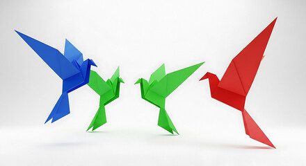 Vibrant origami birds in flight, symbolizing freedom and creativity
