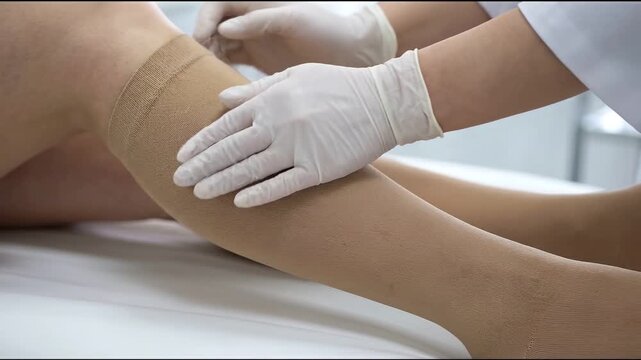 Lymphedema massage therapy leg medical compression stocking support gloved hand treatment for swelling relief patient limb on clinic bed gentle care recovery therapy clinic compassionate support