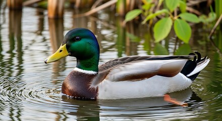 Obraz premium A male duck swims in calm water with vegetation