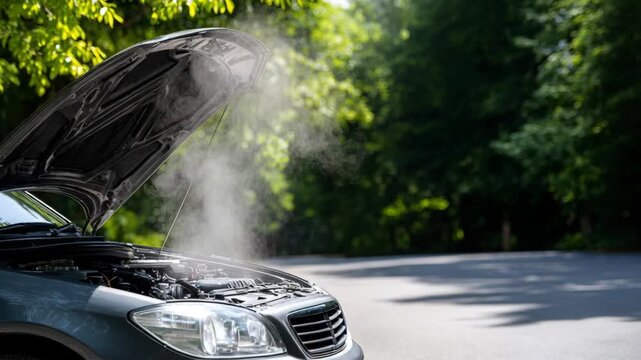 Smoke rises from an overheated car engine with the hood open on a sunny summer roadside.
