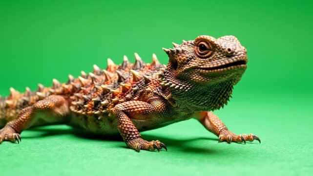 Close-up of a spiky brown lizard with textured scales on a vibrant green background.