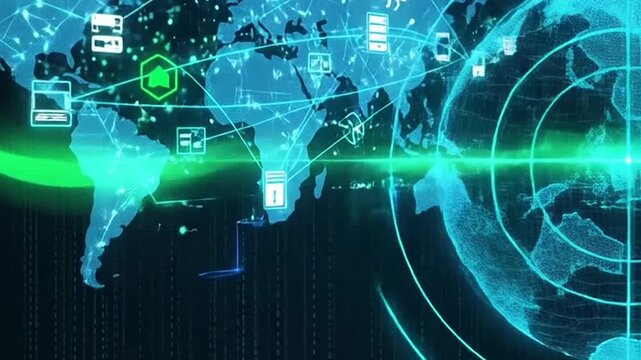 Global network connecting devices across a digital world map background