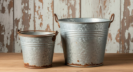Rustic metal buckets on wooden table with distressed background