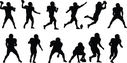 American football player silhouettes vector illustration, ten poses throwing catching running tackling dynamic sport action competition isolated design
