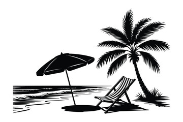 Beach umbrella and chair silhouette, minimalist summer seaside vector illustration featuring striped parasol and lounge chair for coastal vacation design, travel branding, and relaxing holiday graphic © Khoteza