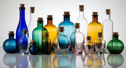 Collection of colorful glass bottles with cork stoppers on reflective surface