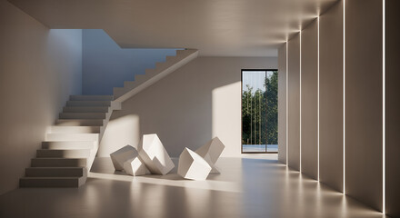 Modern interior with staircase and geometric sculptures in minimalist room