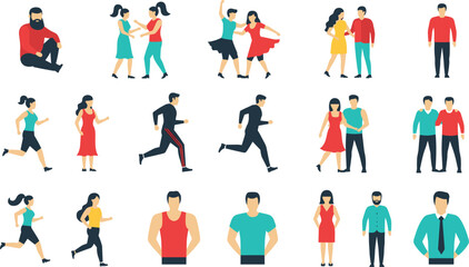 Naklejka premium Collection of people in various poses including walking, running, dancing, and social interaction, illustrating active lifestyle, relationships, fitness, and modern human activity in flat