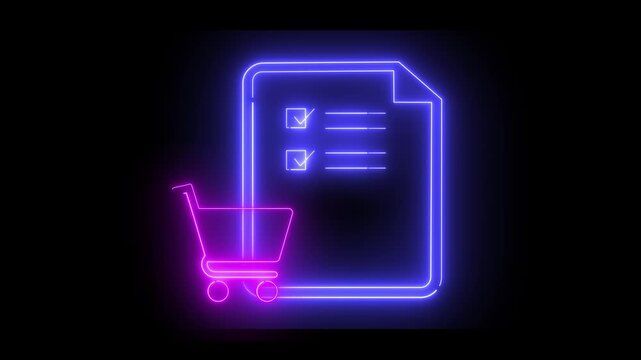 Neon light effect animation of a document icon with a list and a shopping cart