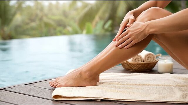 Woman leg massage spa relaxation lymphedema therapy poolside towel serene calm tropical resort setting self care ritual wellness female adult skin moisture oil hand touch care health beauty treatment