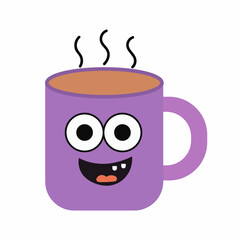 Purple Coffee Mug Character With Smiling Face And Hot Steaming Drink
