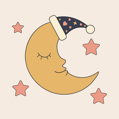 Sleeping Crescent Moon Character with Nightcap and Pastel Stars