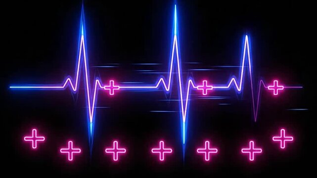Vibrant neon blue and purple heartbeat line pulses on a dark background